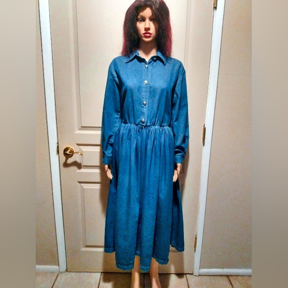 Vintage Denim Ruffle Maxi Dress.